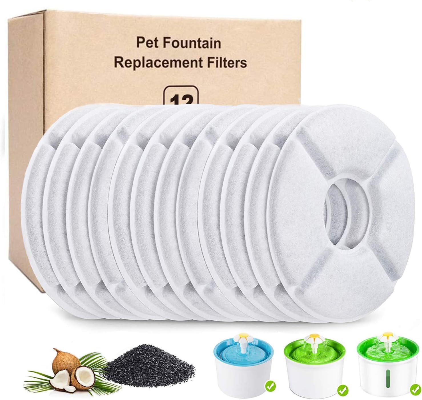 HuaTek 12-Pack Cat Fountain Filters - Activated Carbon Filters for Automatic Pet Water Fountains