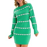 Wenrine Womens Long Sleeve Sweater Dress Fall Knit Heart Crewneck Cute Valentines Bodycon Mini Dresses