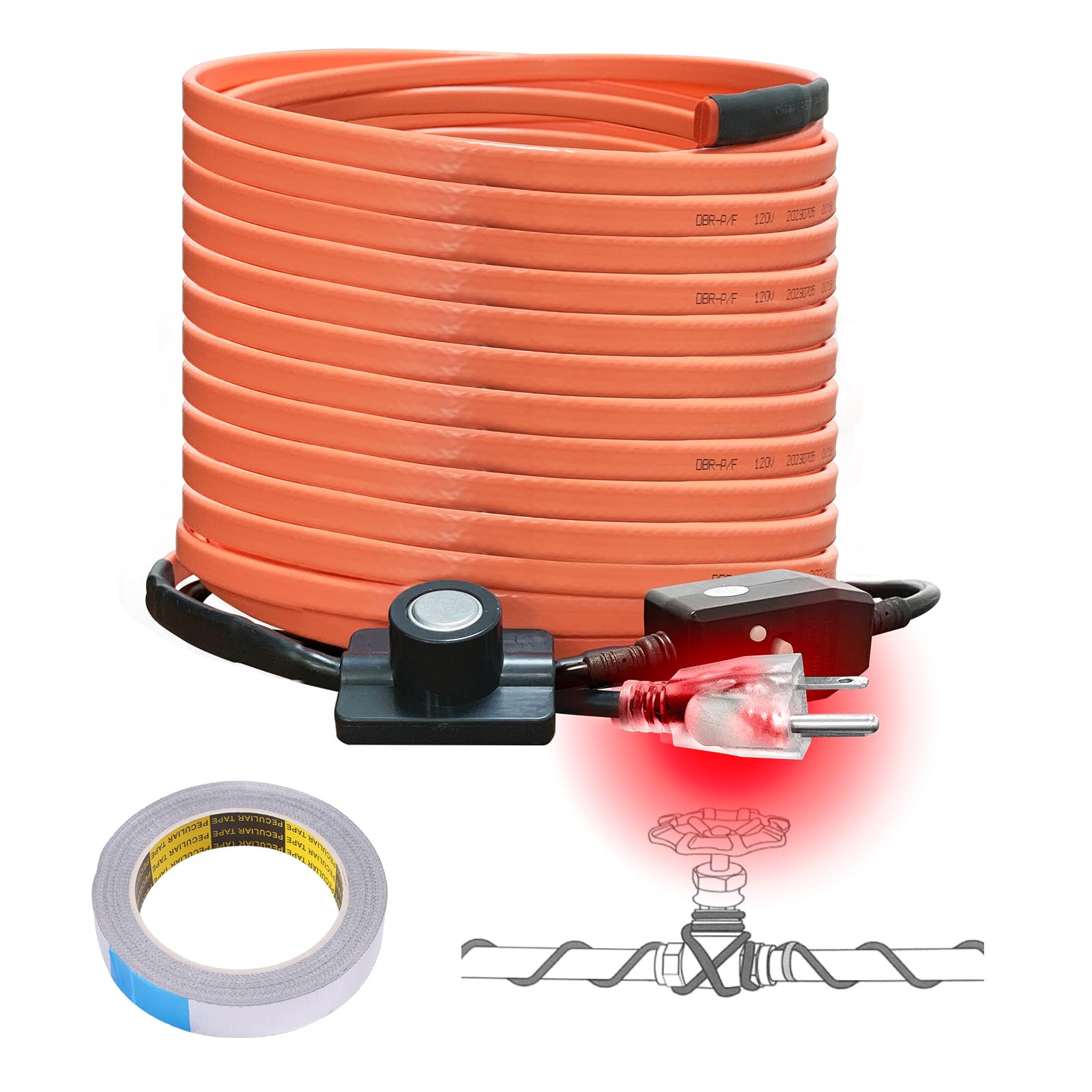 Cupohus Heat Tape for Water Pipes with Thermostat 100FT, Freeze Protection Self-Regulating Heat Trace Cable for Metal, Plastic Home Pipes, Roof and RV, 110-120V Image