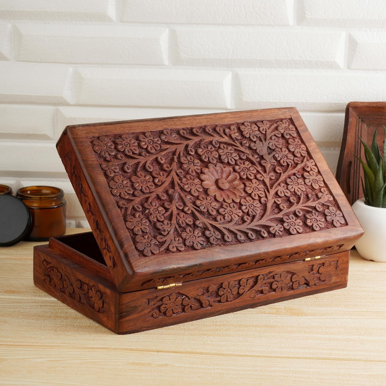 Ajuny Wooden Handcarved Decorative Jewelry Storage Box Flower Design Multipurpose Treasure Chest Keepsake Organizer Necklaces Watch Boxes Great for Gifts 10x6 Inch
