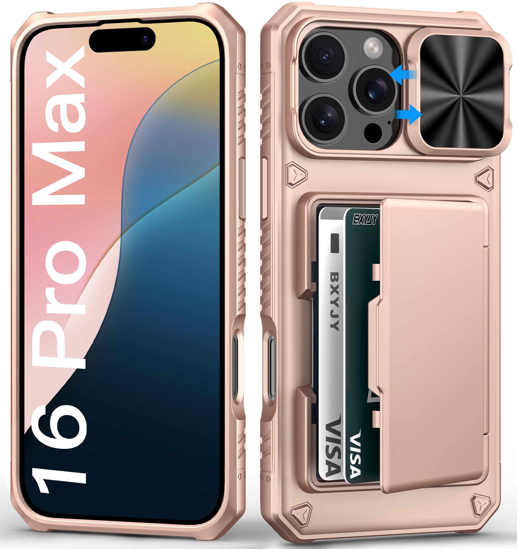 Photo 1 of BXYJY for iPhone 16 Pro Max Phone Case Wallet, Built-in Card Holder (4-5 Cards), Slide Camera Cover & Military Grade Protection, Rugged Women Girly Men Protective Case for iPhone16 Pro Max, Rose Gold