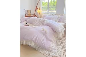 MOOWOO Chic Lace Bedding with Lovely Bow-Romantic Ruffle Duvet Cover Set, 2 Piece Comforter Duvet Cover with Zipper Closure, French Princess Style,Coquette Room Decor-Purple,Twin Size