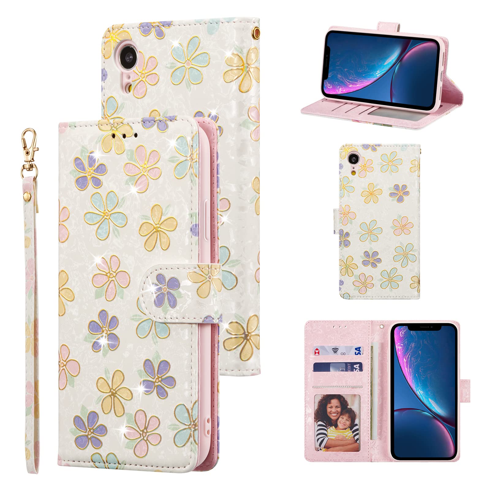 UEEBAI Wallet Case for iPhone XR, PU Leather Phone Case Kickstand RFID Blocking Flip Case with Card Slots Wrist Strap Relief Engraved Pattern Magnetic Closure Folio Case - White Daisy — image 1