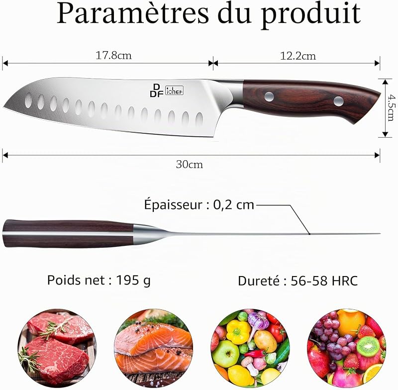 Couteau Santoku, Couteau de Cuisine Professionnel 18 cm Couteaux de Chef Acier Inoxydable Lame Très Tranchante avec Boîte Cadeau — photo 4 sur 7