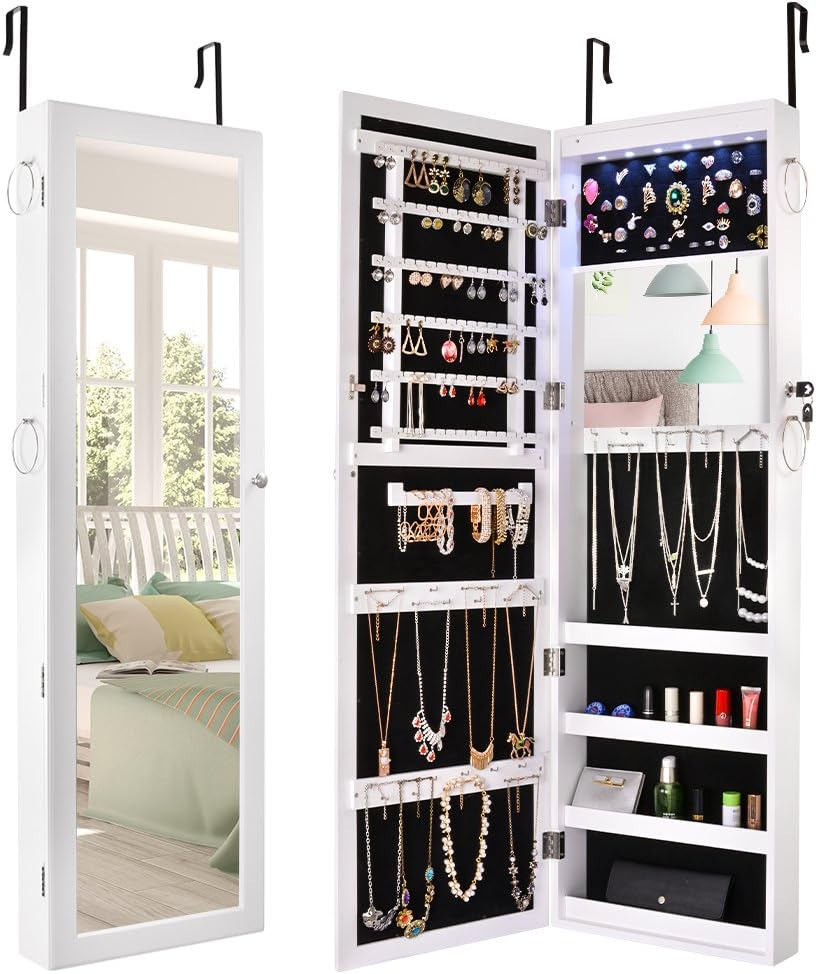 ewelry Organizer Jewelry Armoire Lockable Jewelry Chest Jewelry Cabinet Wall Door Mounted Full Length Mirror Dressing Mirror Makeup Mirror Earring Organizer 6LEDs Lights Hanging Wall Mirror Jewelry