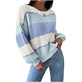 MakeMeChic Women's Striped Sweater Color Block Crewneck Casual Loose Soft Knit Christmas Sweater Pullover Tops