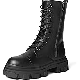 DREAM PAIRS Women's Combat Boots Lace up Mid Calf Boots Low Heel Chunky Platform Lug Sole Riding Boots