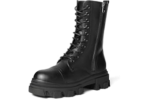 DREAM PAIRS Women's Combat Boots Lace up Mid Calf Boots Low Heel Chunky Platform Lug Sole Riding Boots