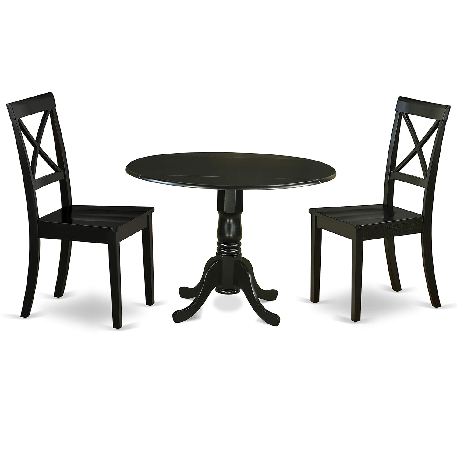 East West Furniture 3Pc Round 42 Inch Table with Two 9-Inch Drop Leaves and A Pair of Wood Seat Dining Chairs, 3, Black