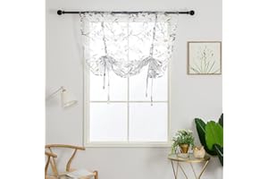 SMITHOOM 1 Piece Sheer Roman Curtain Rod Pocket Camellia Flower Print Tie Up Voile Ballon Shade for Kitchen Bathroom Living Room Door Window Decoration, Grey, 46x63inch
