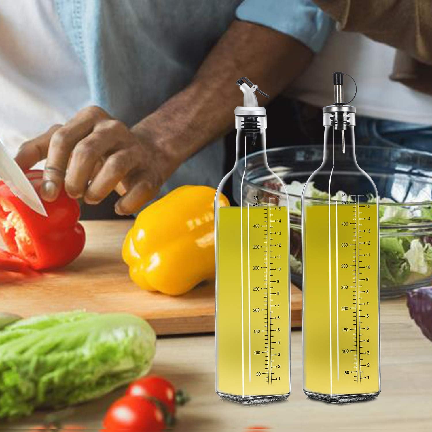 HABOM Glass Olive Oil Bottle Set-17 oz Oil & Vinegar Dispenser Cruet with Pourers and Funnel,Wide Opening for Refill and Cleaning,Oil Bottles Carafe Decanter for Kitchen (Set of 2): Home Improvement