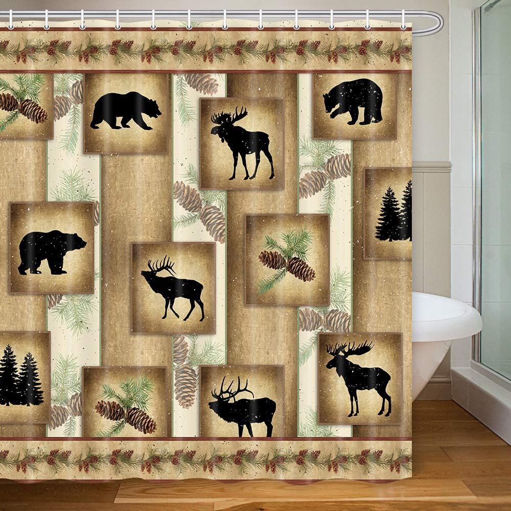 MERCHR Rustic Decor Fabric Shower Curtain, Cute Bear Deer and Forest Design, Country Style Wildlife Animal Art Vintage Farmhouse Lodge Cabin Cloth Shower Curtains Bathroom Accessories, 71X71 Inches: Home & Kitchen