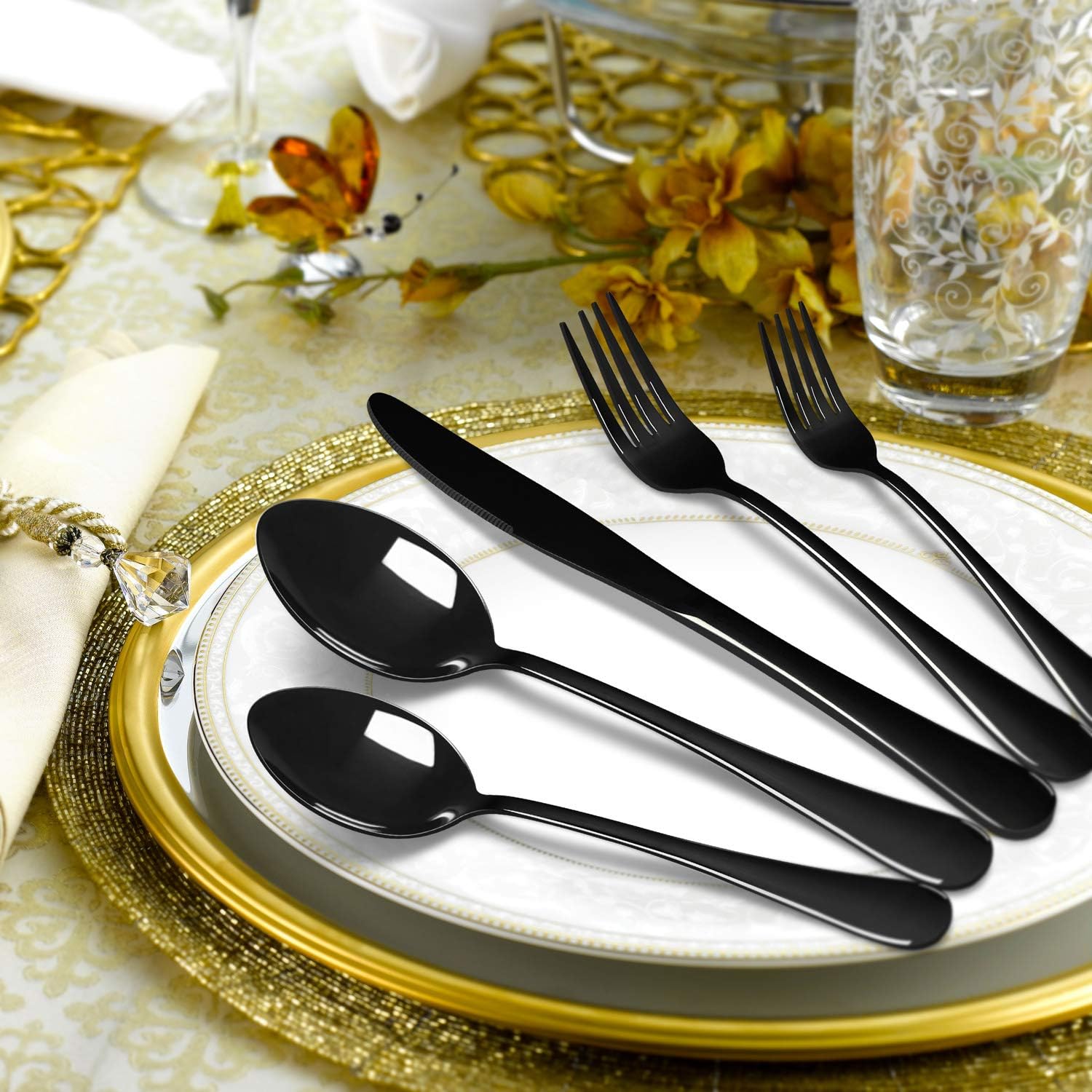 HaWare 24 Piece Black Cutlery Flatware Set, Stainless Steel Silverware with Knife Spoon Fork, Service for 6, Mirror Finish - Image 5