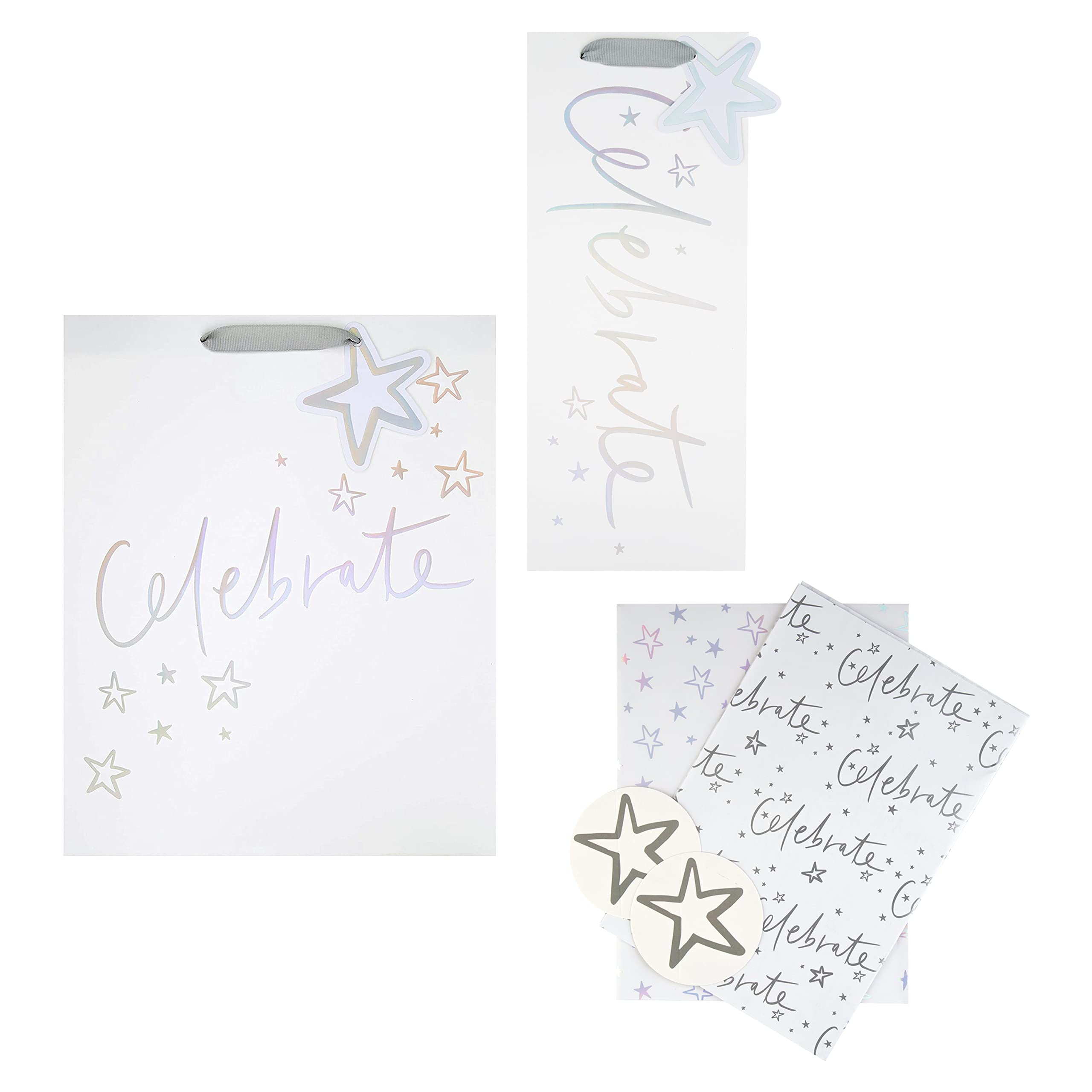Hallmark Celebration Gift Bag and Gift Wrap Bundle - 1 Large Gift Bag, 1 Bottle Bag and 2 Paper Sheets in 1 Bright Design