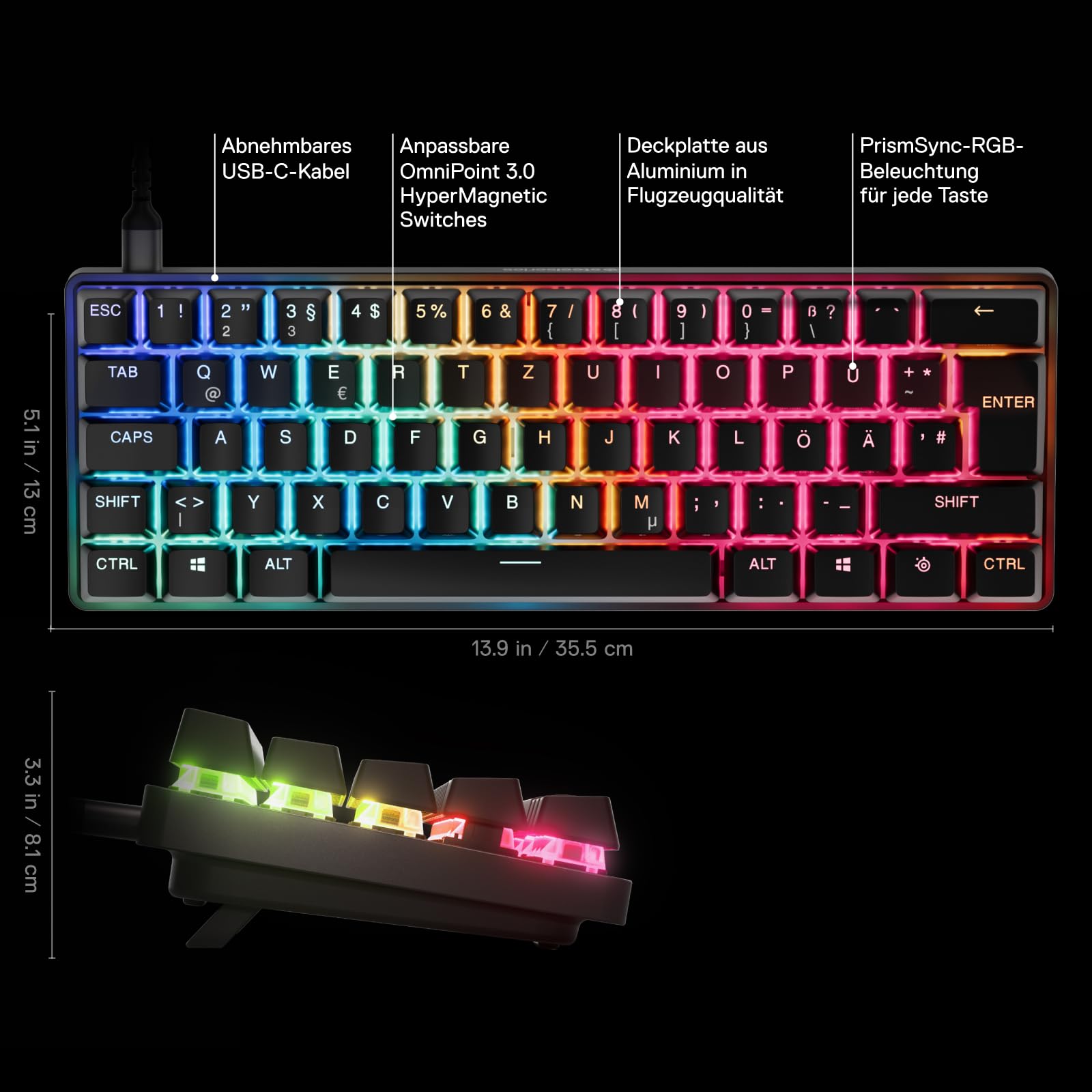 SteelSeries Apex Pro Mini Gen 3 Gaming Tastatur 60 Prozent - Hall Effect Switches OmniPoint 3.0 - Anpassbarer Auslösebereich - GG Quickset - Rapid Trigger - Rapid Tap-SOCD - DE Layout QWERTZ 3