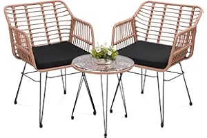 KROFEM 3 Piece Wicker Patio Bistro Furniture Set, Includes 2 Rattan Chairs and Glass Top Table, Ideal for Porch, Outdoor, Backyard, Apartment, Balcony, Natural