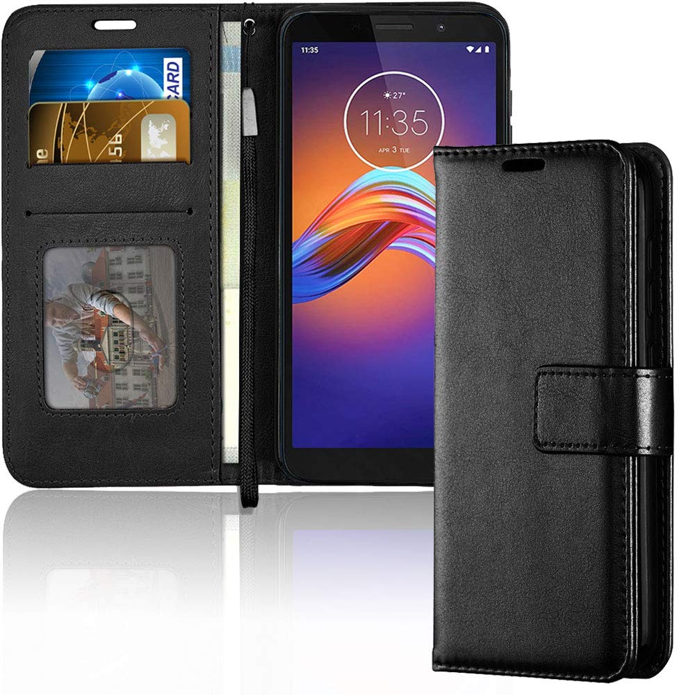 TECHGEAR Moto E6 Play Case, Leather Wallet Flip Protective Case Cover with Card Slots, Kickstand and Wrist Strap - Black PU Leather Compatible with Motorola Moto E6 Play