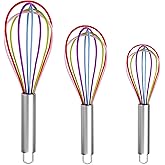 Silicone Whisk, 3 PCS Stainless Steel Wire Whisk Set, Rubber Whisks for Cooking, Non-stick Cookware, Kitchen, Balloon Egg Beater Perfect for Blending, Whisking, Rainbow