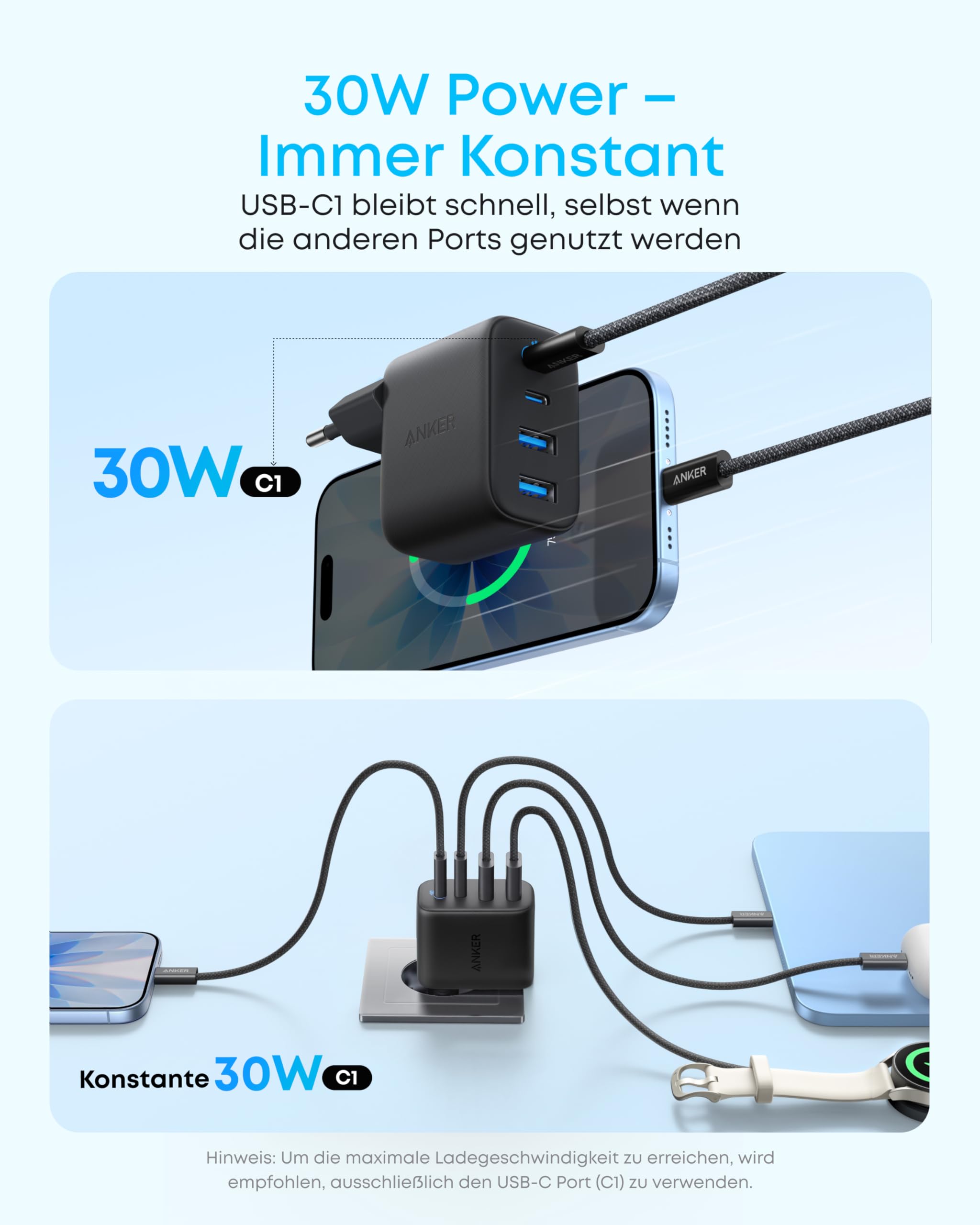 Anker Zolo 50W USB C Ladegerät, 4-Port Netzteil mit 2 USB-C und 2 USB-A, Kompaktes Schnellladegerät Für iPhone 17 Pro Max/16/15/14/13-Serie, iPad, Pixel, Galaxy, MacBook (ohne Kabel) 4
