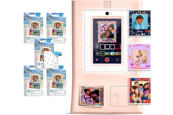 HP Sprocket Photo Booth Machine Instant Color Photo Printer (Pink) Paper Bundle + Zink 3.5 x 4.25” Zink Sticky-Backed Photo P