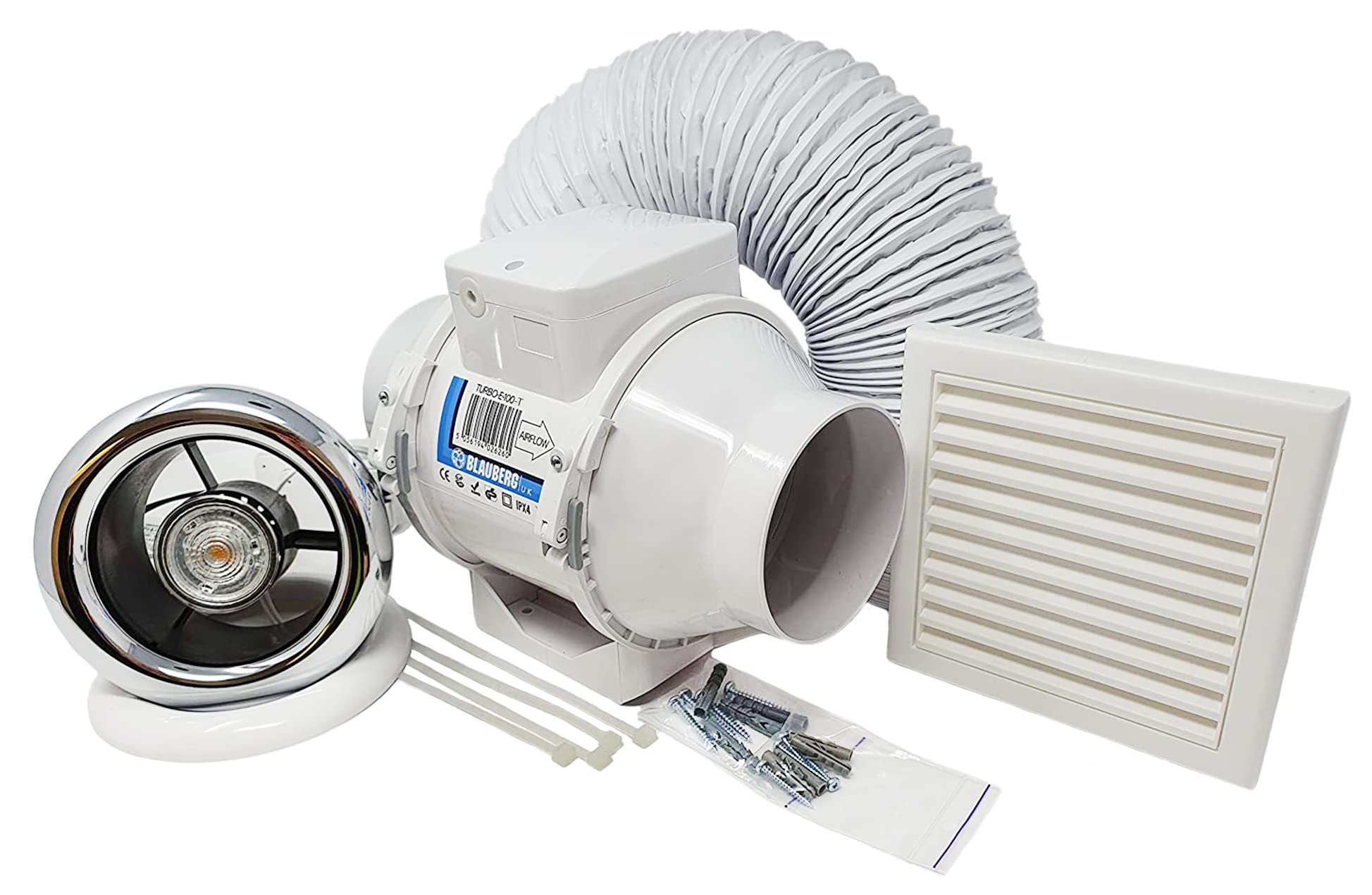 Blauberg UK 100mm (4") Inline Bathroom Extractor Fan & LED Light Kit – Run-On Timer, 4.6W MR16 4000K Ceiling Light, Chrome & White Bezel for Shower & En-Suite Ventilation