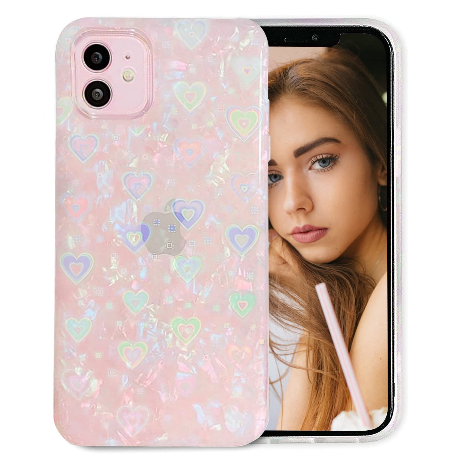 UEEBAI Phone Case for iPhone 11 6.1, Full Body Protective Shockproof Hard Back Case Slim Soft TPU Bumper Case with Radiant Heart Glitter Design for Women Girls - Pink