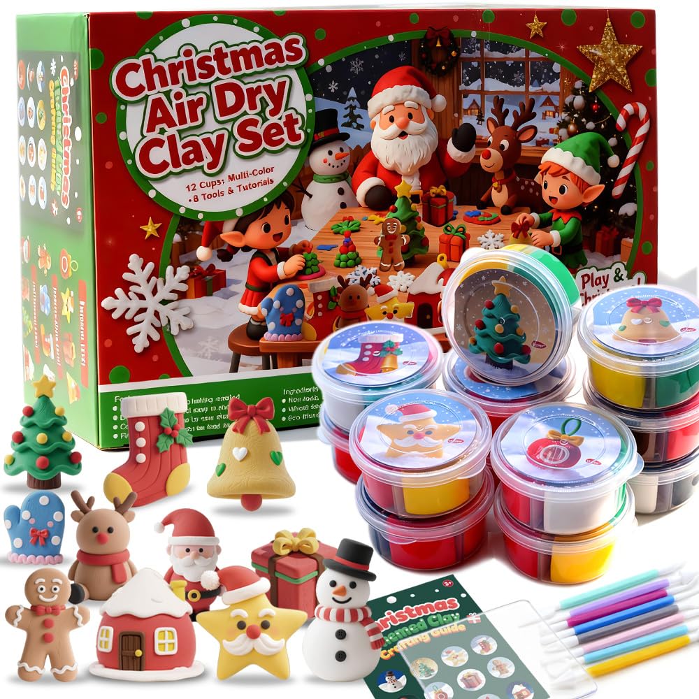Photo 1 of VKTEN Christmas Stocking Stuffer for Kids – Air Dry Clay Kit with 12 Cups, 8 Tools & Instructions – DIY Holiday Ornaments & Crafts Gift for Boys & Girls