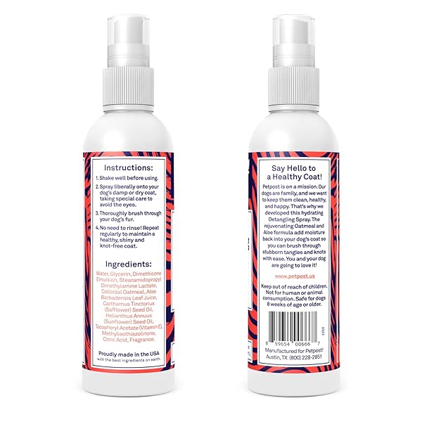 PETPOST | DETANGLING SPRAY FOR DOGS WITH KNOTS, MATS & TANGLES – NATURALLY REJUVENATING DOG HAIR DETANGLER FOR HEALTHIER, SHINIER, STRONGER FUR – OATMEAL, ALOE, AND VITAMIN E FORMULA 8 OZ.