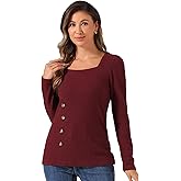 Allegra K Square Neck Sweaters for Women's Vintage Teacher Long Sleeve Pullover Ribbed Knit Top