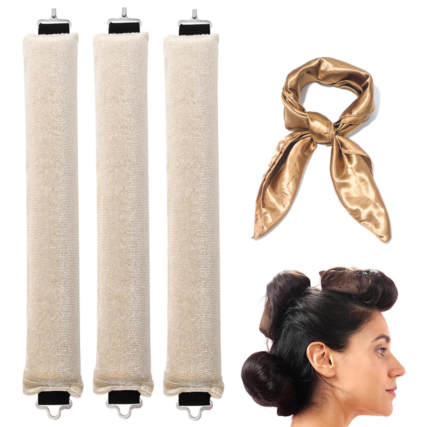 Overnight No Heat Hair Curls, 3PCS Heatless Hair Curlers with Square Head Scarf for Women, No Heat for All Hairs Types Heatless Curlers for Hair Wrapping and Sleeping at Night (Apricot, Medium)