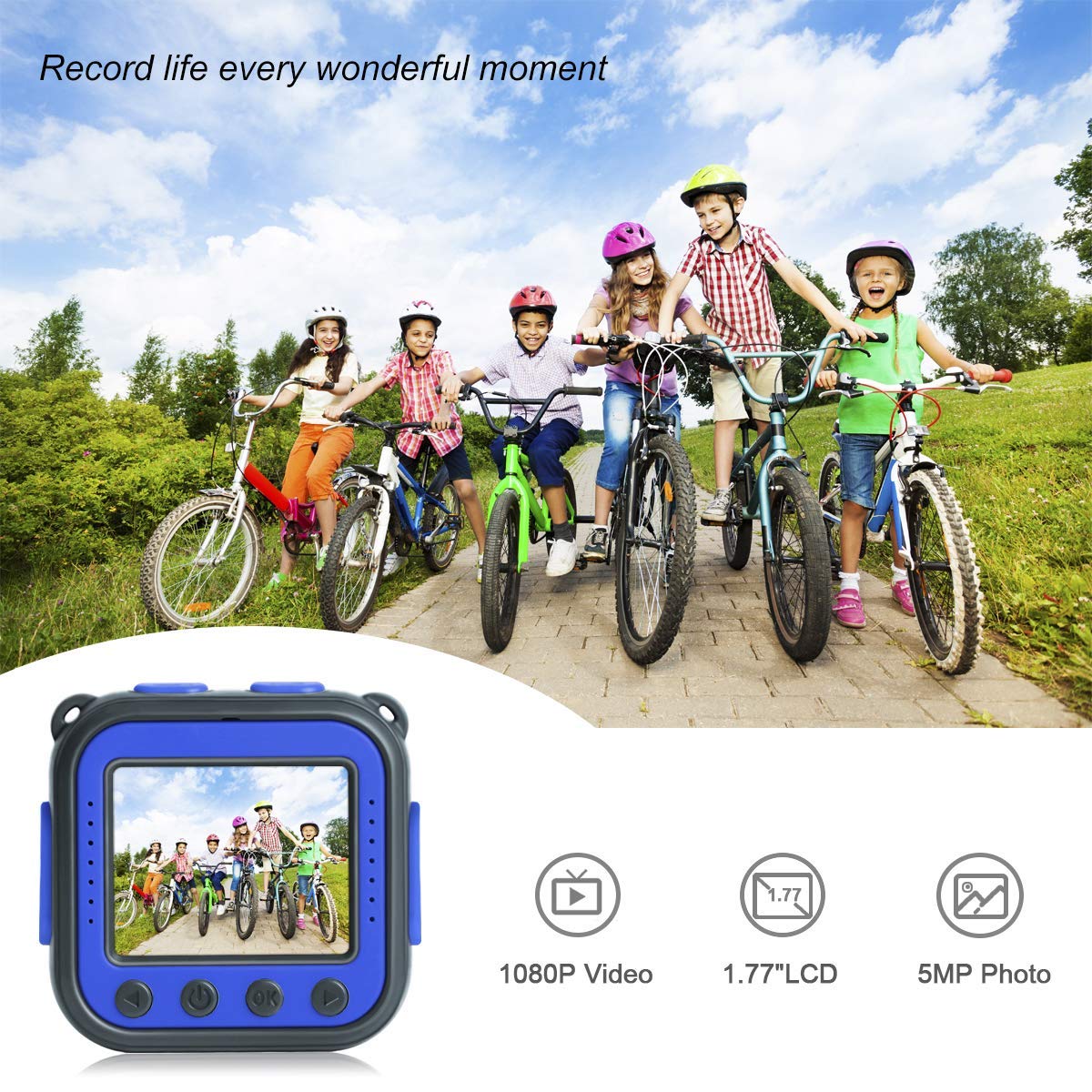 DROGRACE Children Kids Camera Waterproof Digital Video HD Action Camera 1080P Sports Camera Camcorder DV for Boys Birthday Holiday Gift Learn Camera Toy 1.77\'\' LCD Screen (Navy Blue)