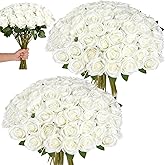 Fanfantoey White Roses Artificial Flowers Bulk, 52Pcs Fake Roses White Flowers, DIY Silk Faux Roses Bouquet, Realistic White Faux Flowers Mohter's Day Valentine's Day Decor