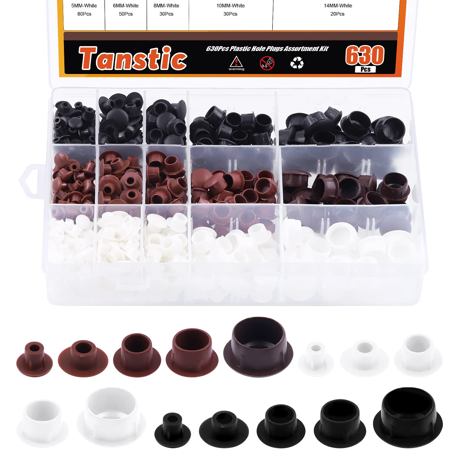 Tanstic 630Pcs 5mm 6mm 8mm 10mm 14mm Plastic Hole Plugs Cabinet Hole Plugs Round Button Plugs Plastic Flush Type Hole Plugs Screw Cap Drilling Cover Plugs for Cupboard Cabinet Shelves(3 Colors)
