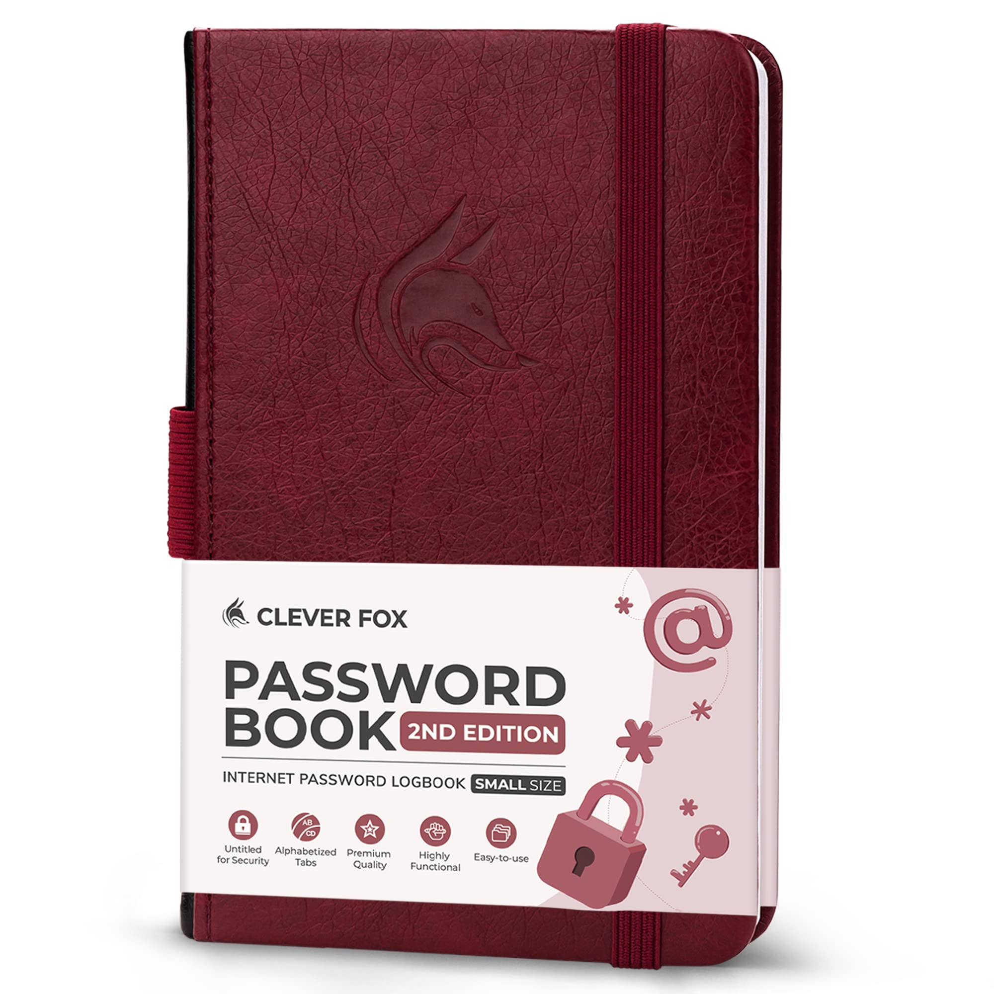 Clever Fox Password Book 2nd Edition Small – Pocket Password Keeper with Laminated Alphabetical Tabs – Internet Address Notebook & Login Details Organizer Journal – 8.9x14.2cm (Wine Red)