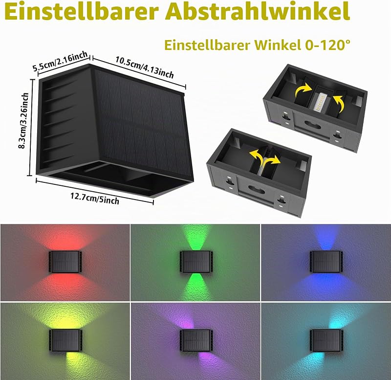 LED Solarlampen für Außen Wand 2 Stück RGB 8 Farben Solar Wandleuchte