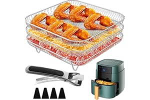 8x8 inch Square Air Fryer Rack Accessories, 3 Layer Air Fryer Grill Rack Basket,Stainless Steel Stackable Grill Dehydrator Ra