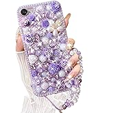 AuroiCCY for iPhone 16e (2025) Case,Cute Bling Glitter Sparkle Stunning Stones Diamond Rhinestone 3D Handmade Pearl Rose Flower with Wrist Lanyard for Women Girly for iPhone 16e 6.1 inch (Purple)