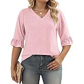 VISLILY Womens-Plus-Size-V-Neck-Tops Dressy 3/4 Length Ruffle Sleeve T Shirts Trendy Eyelet Blouses Casual Loose Tunics 1X-5X