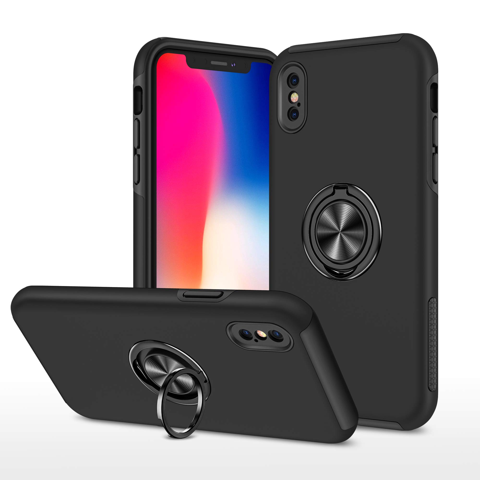XYZNTMF for iPhone X Phone Case iPhone XS Built-in Ring Holder Shockproof Silicone Bumper Matte Hard PC Shell Magnetic Car Mount Full Protective Skin Cover for iPhone X/XS, Black