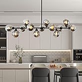 Lzawvm Modern Linear Chandelier 13 Lights Dining Room Linear Chandelier Black Open Glass Globe Sputnik Pendant Light 59 Inch 