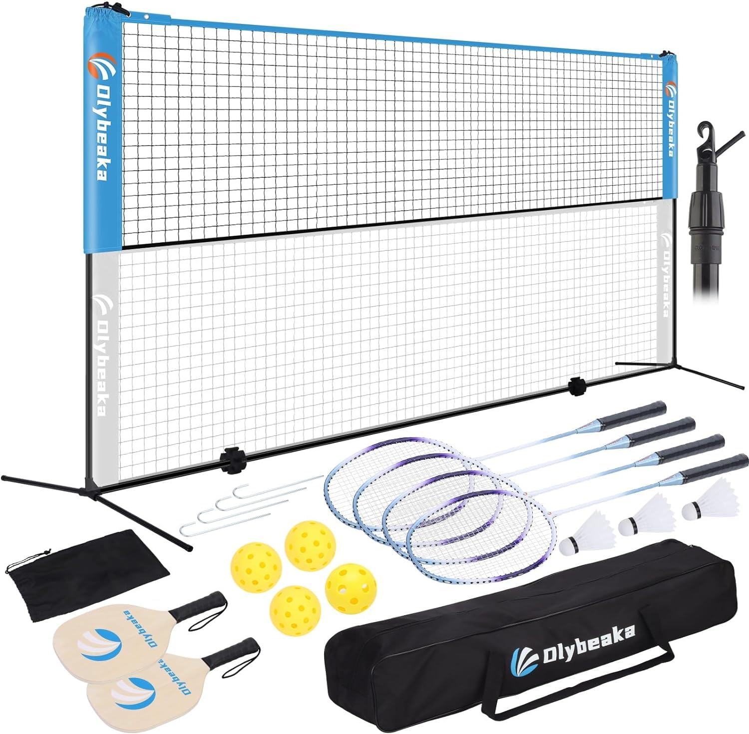 Photo 1 of 17FT Portable Pickleball Badminton Net Set Outdoor, Height Adjustable Multi Sports Net Set for Backyards Beach Driveway with 4 Aluminum Rackets, 2 Pickle Paddles and Carry Bag, Easy Set Up & Durable
