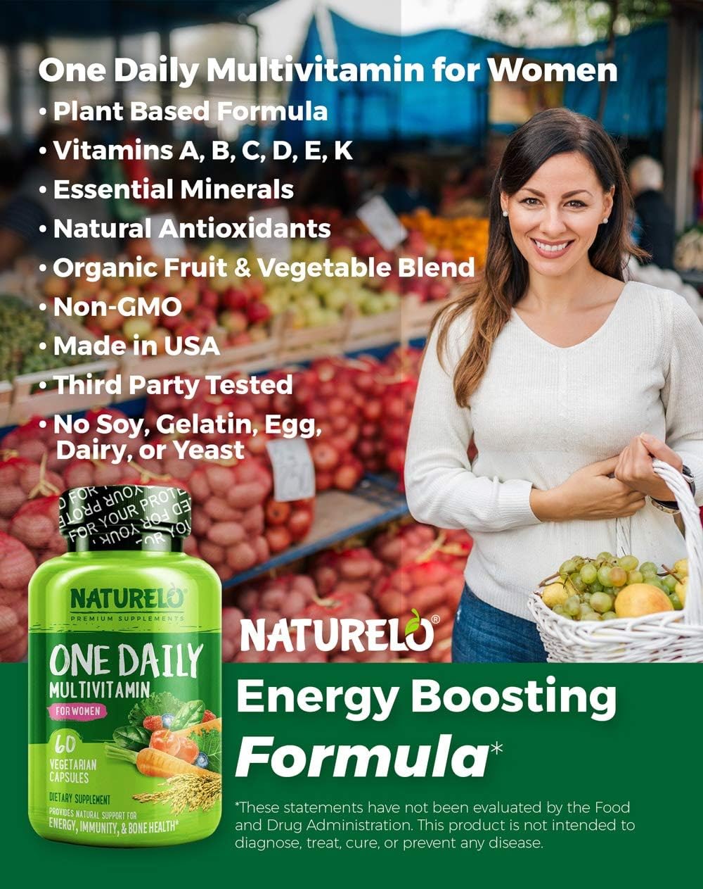 NATURELO One Daily Multivitamin for Women - Best for Hair, Skin, Nails - Natural Energy Support - Whole Food Supplement - Non-GMO - No Soy - Gluten Free - 60 Capsules | 2 Month Supply: Health & Personal Care