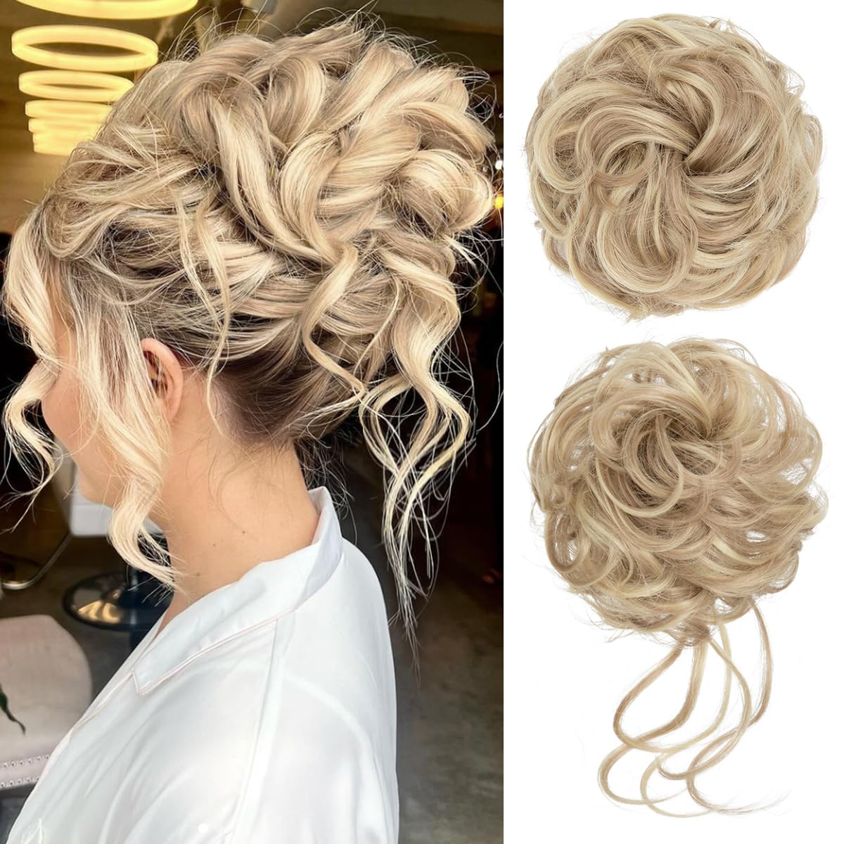 Photo 1 of CJL HAIR 2PCS Messy Bun Hair Pieces Wavy Curly Synthetic Updo Chignon Fake Scrunchies Ponytail Extension for Women Dirty Blonde