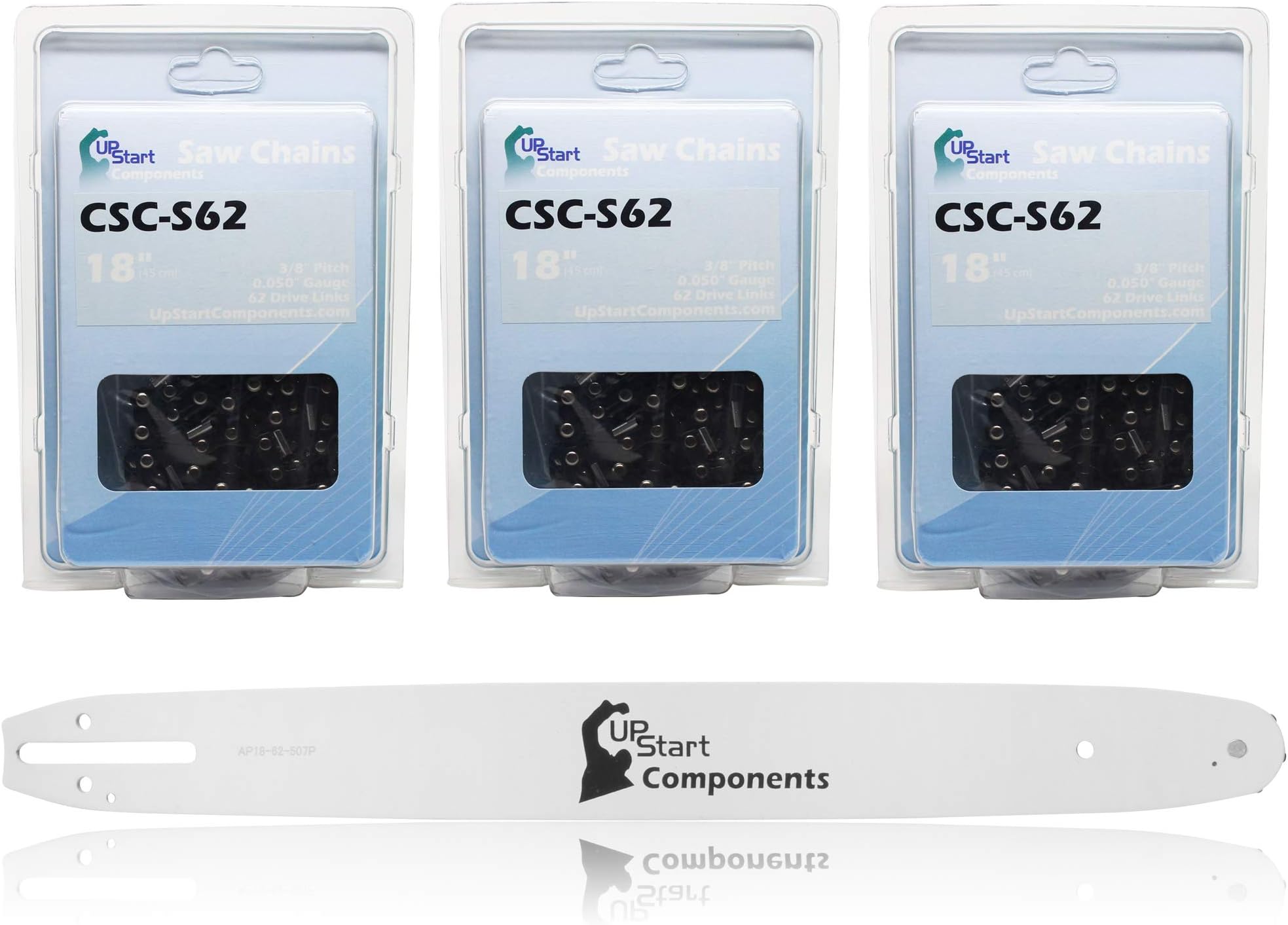 Replacement 18" Single Rivet Bar and 18" Semi Chisel Chain Combo for Echo CS-400 Chainsaw (18" Length, 3/8" Pitch, 0.050" Gauge, 62 Drive Links, 7 Sprocket Nose Tooth) 1 Bar 3 Chains