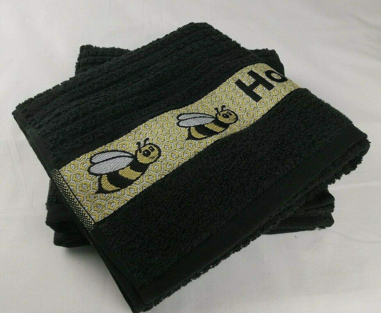 Sue Rossi Ltd 100% Cotton Tea Towels Embroidered Animal Cooks Cloth Luxury 3 Pack Kitchen Towel Set (Black Honey Bee)