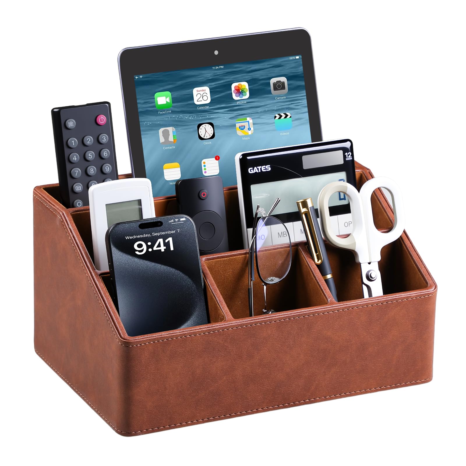 MEIBOOCH Desk Organizer with Coaster, PU Leather Desktop Organizers and Accessories for Home Office Supplies Bedside Caddy (Brown)