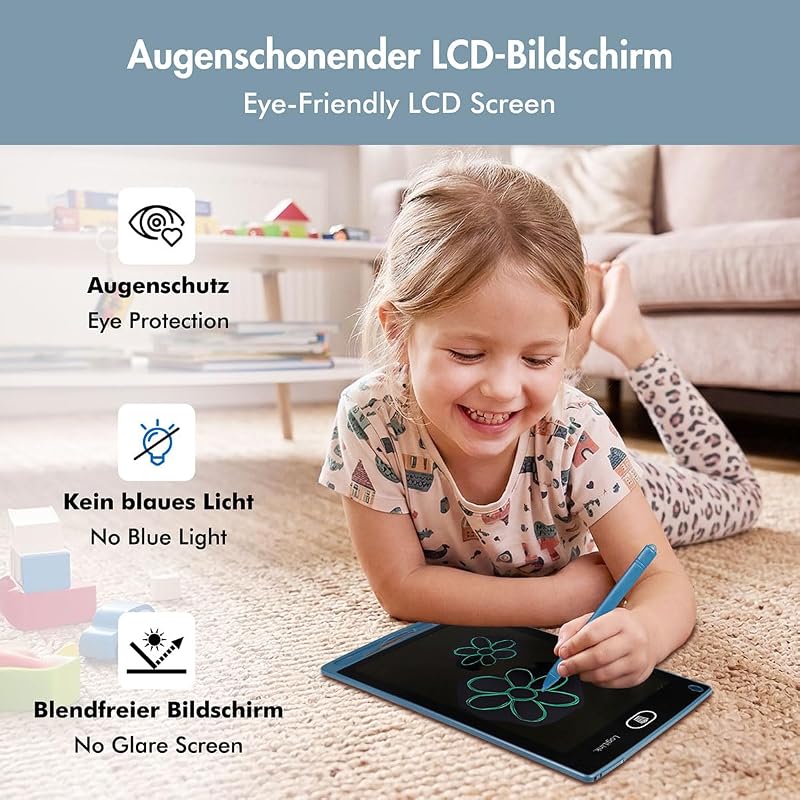 LCD-Schreibtafel 8,5", lösch- und wiederbeschreibbar, augenschonend, Bildschirmsperre, EIN-klick-Radierer, Magnete zum Anheften an den Kühlschrank, inkl. Stylus Stift, Farbe: Blau