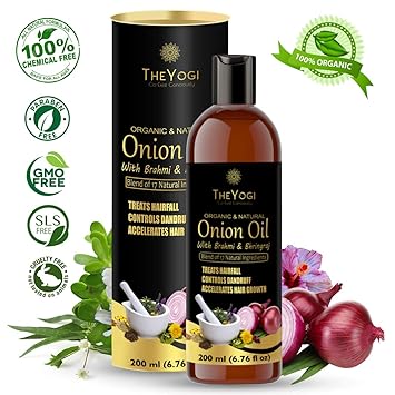 The Yogi Organic Onion Oil for Hair Growth with Bhringraj | Brahmi & 17 Essential oils | hair fall & damage control | Jojoba, Argan, Neem, Shea, Castor, Sunflower, Amla