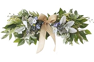 DEDEMCO Spring Floral Swag Wreath for Front Door 25.5 Inch,Eucalyptus Greenery Flower Swag with Silk Bow and Blue Berries,Wedding Arch Flower Swag for Home Table Centerpieces