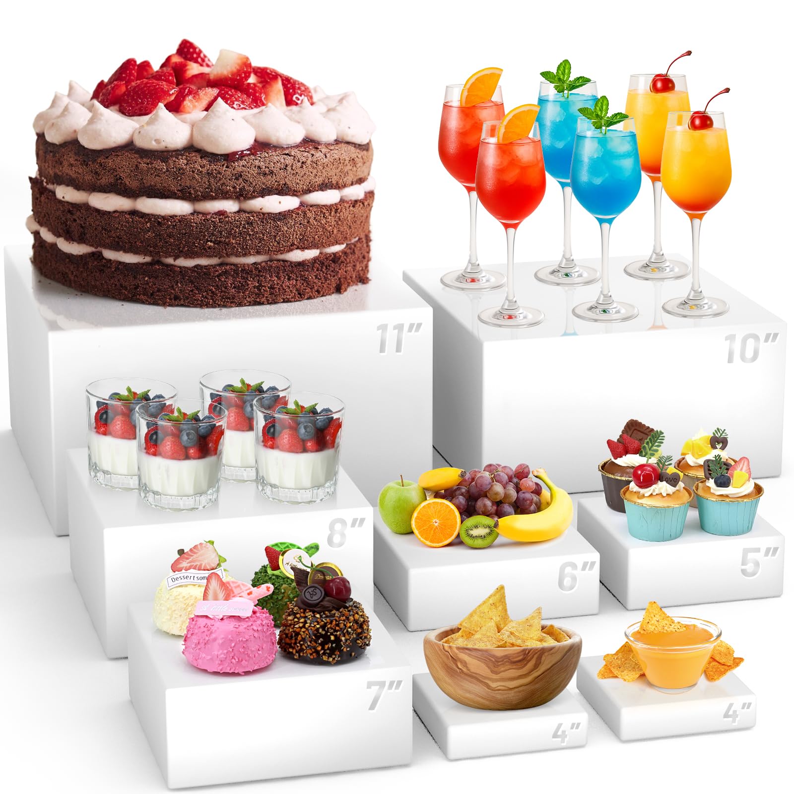 Photo 1 of 8 Pcs Buffet Food Risers,11*11" Large Acrylic Dessert Cupcake Table Stands White Fruit Display Shelf Catering Supplies Party Jewelry Show Decor Risers Cube Box Nesting with Hollow Bottoms 7 Sizes